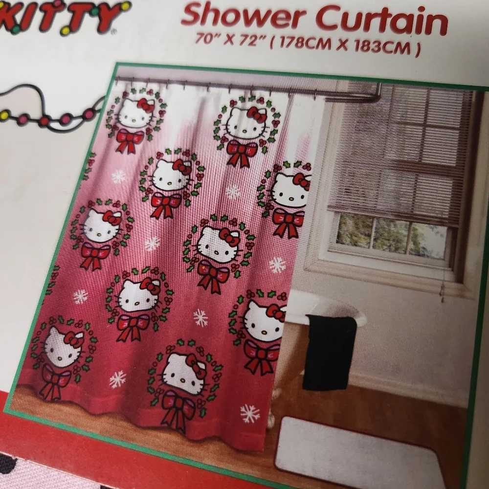 Hello Kitty Christmas Bathroom Shower Set Curtain Hooks and 2pc Towel Set New